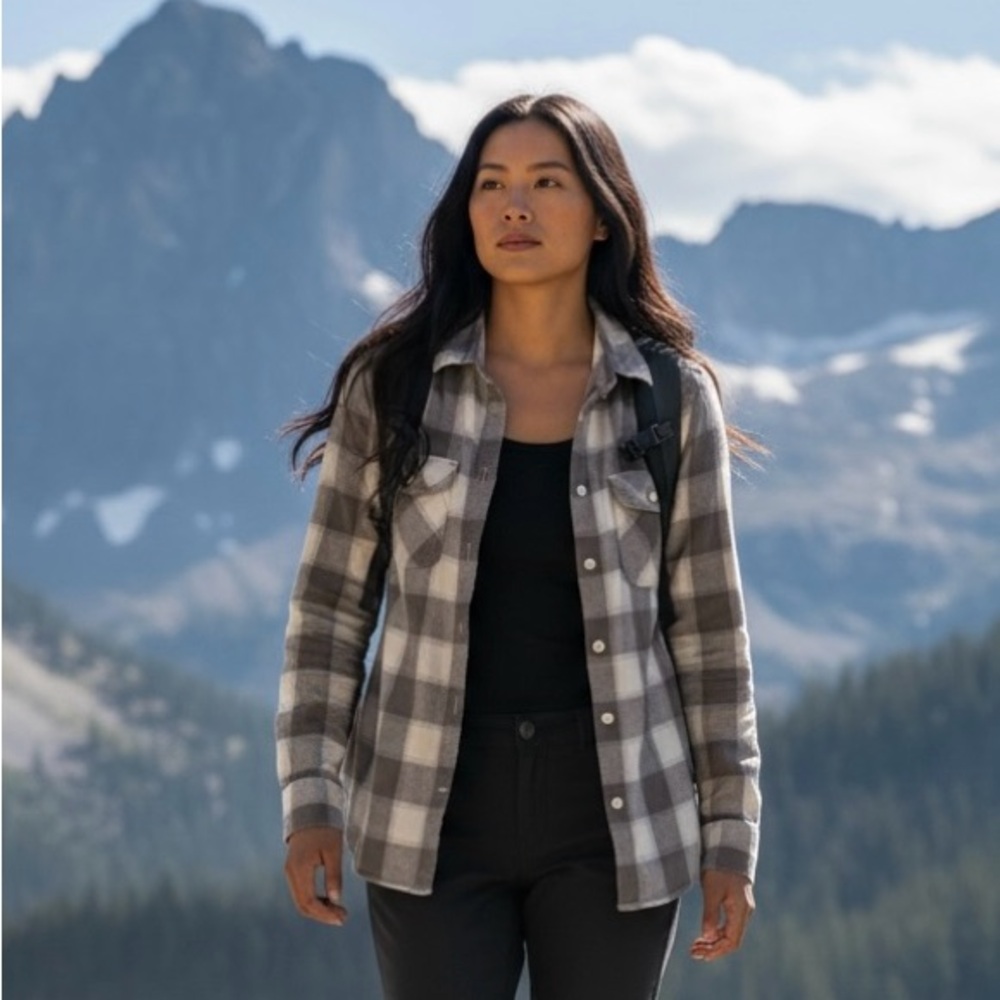 Women's Eddie Bauer Plaid Flannel Shirt - Gray & White, size medium
